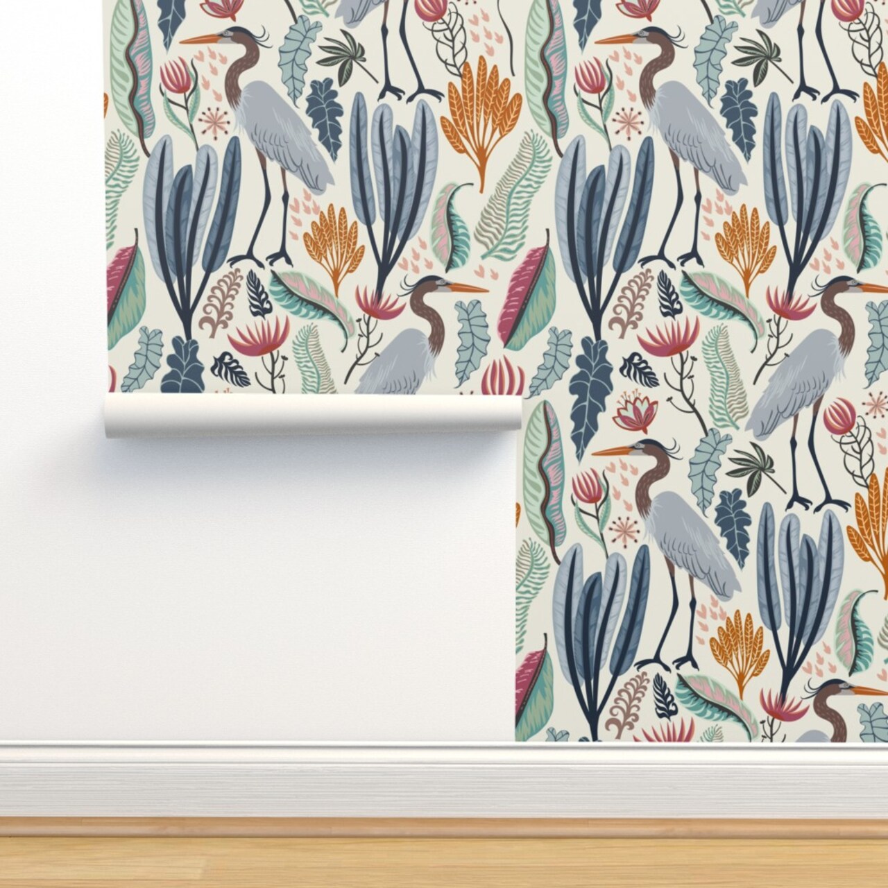 Coastal Flora Nature Tropical Wild Flowers Crane Heron Moody Pond Meadow Plants Wildlife Marshes Birds Custom Removable Wallpaper by Spoonflower Peel & Stick Wallpaper 2FT Wide